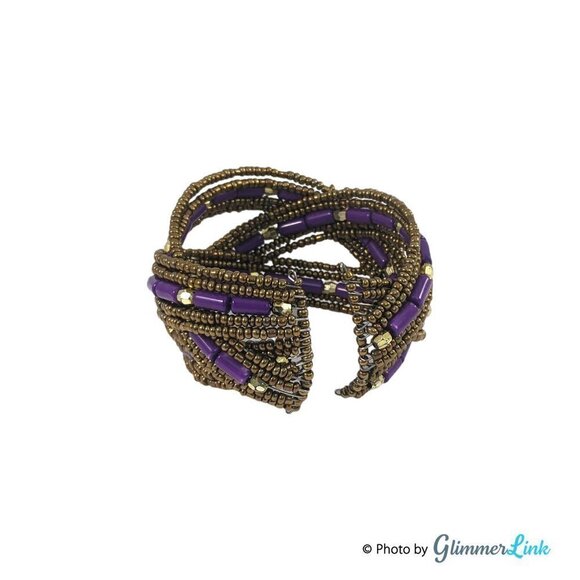 VTG Bohemian Purple Antiqued Gold Tone Braided Beaded Cuff Bracelet - Picture 3 of 7